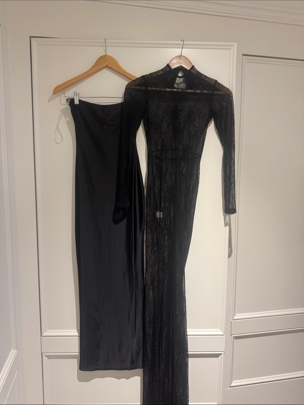 Fashion Nova Black Sheer Lace Long Sleeve Maxi with Slip